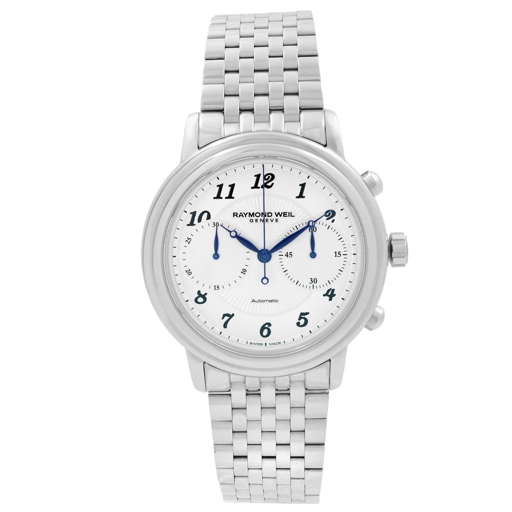 An image of a Wristwatch by RAYMOND WEIL. This New item is designed for Men, featuring a Dress/Formal style. It has a Mechanical (Automatic) movement and an Analog display with a Silver dial color. The indices include 12-Hour Dial,Arabic Numerals,Multi Dial. The band is made of Stainless Steel and the case is made of Stainless Steel. The watch has a Round shape with a case size of 41.5 mm and a case thickness of 13 mm.