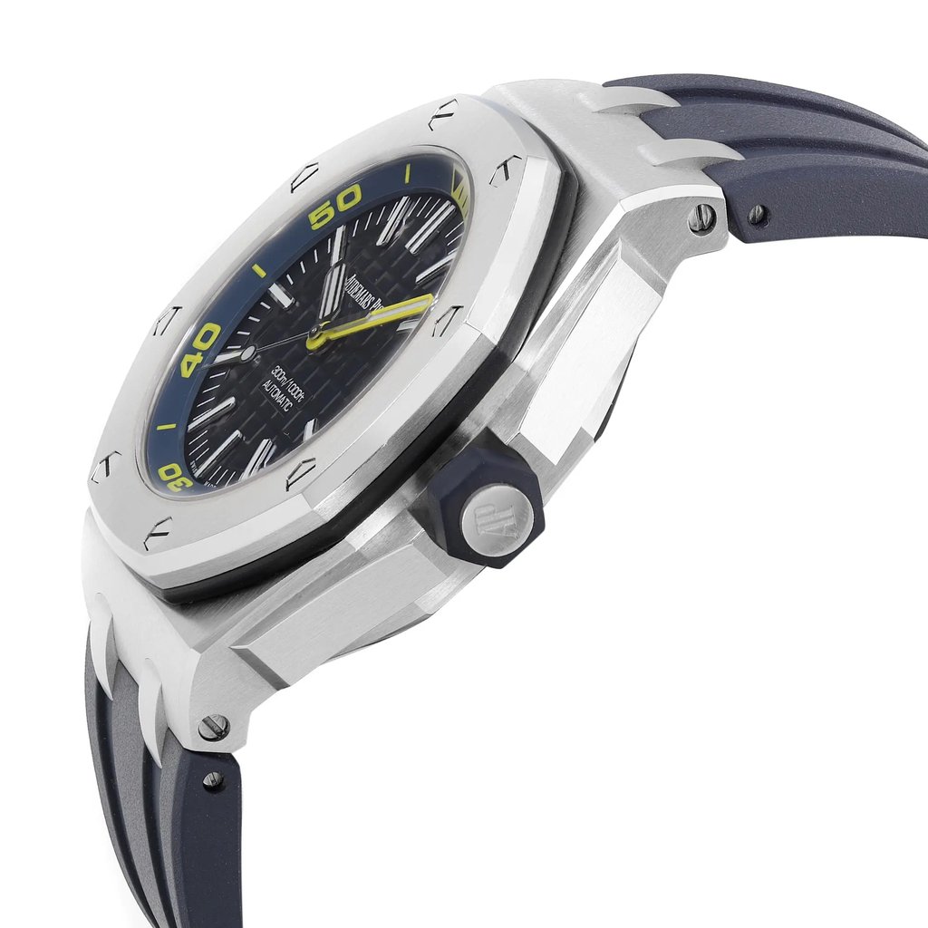 An image of a pre-owned wristwatch captured from a side profile view, clearly displaying the crown. The watch features a round, metallic bezel with visible screws and a dark dial with yellow accents. The watch is positioned at a slight angle, emphasizing its robust design and details. The distance is close enough to highlight the texture and contours of the watch's casing and strap.
