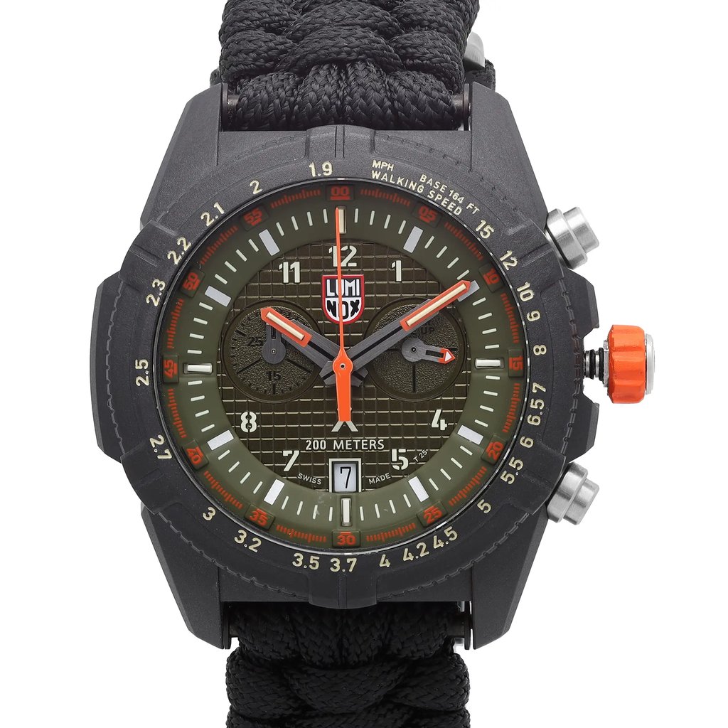 An image of a Wristwatch by Luminox. This Unworn item is designed for Men, featuring a Diver,Military,Sport style. It has a Quartz movement and an Analog display with a Green dial color. The indices include 12-Hour Dial,Arabic Numerals,Multi Dial,Stick Indexes. The band is made of Nylon and the case is made of Carbonox. The watch has a Round shape with a case size of 45 mm and a case thickness of 15 mm.