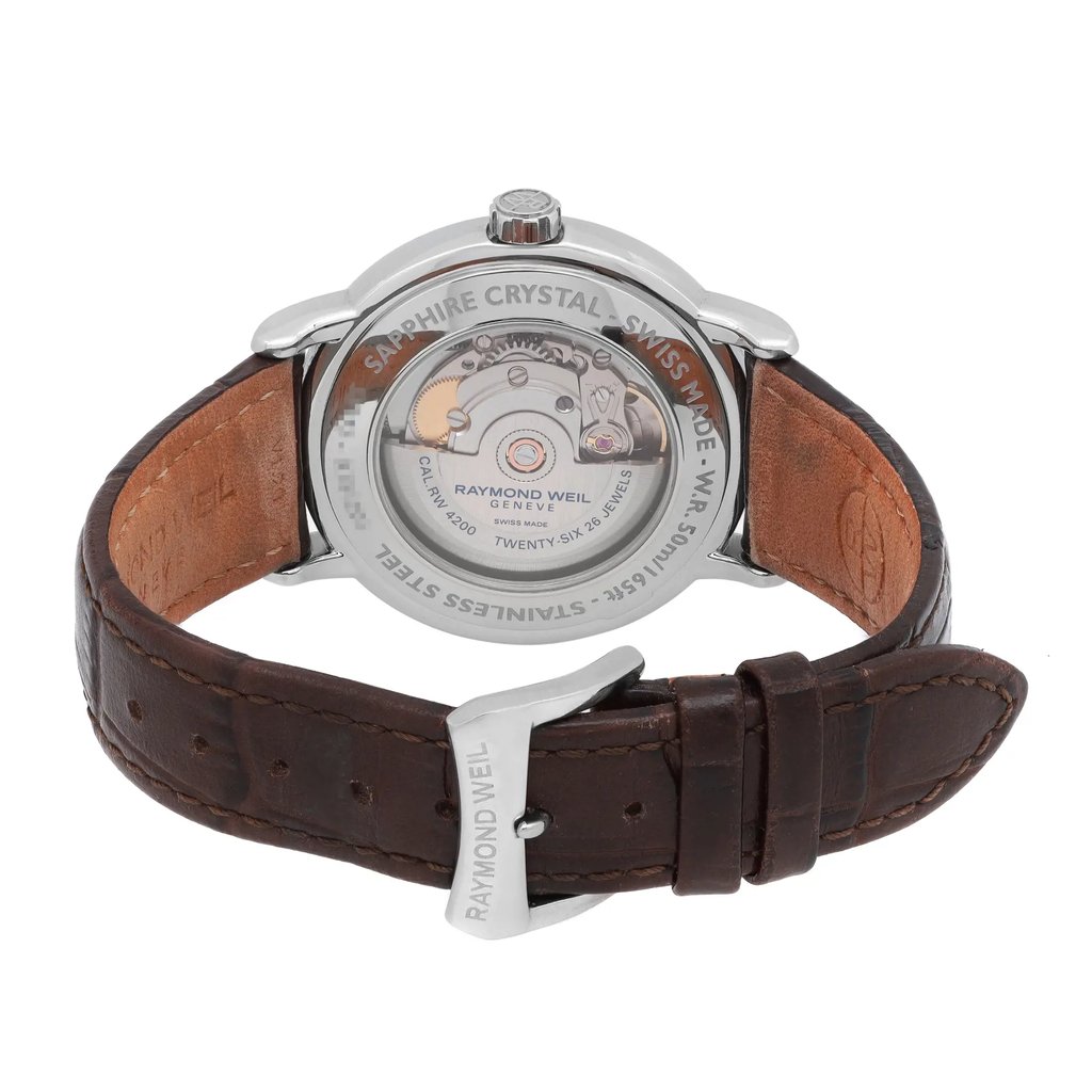 Back View Of Exhibition Back Case And Closed Leather Band Of RAYMOND WEIL 2837-STC-00609 Watch Pre Owned Condition