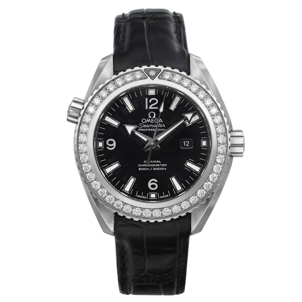 An image of a pre-owned wristwatch taken from a front full-frontal view. The watch features a black dial with prominent hour markers and a date display. It has a diamond-encrusted bezel and a black leather strap. The crown is visible on the right side of the casing. The photograph captures the watch directly from the front, highlighting its details and design.