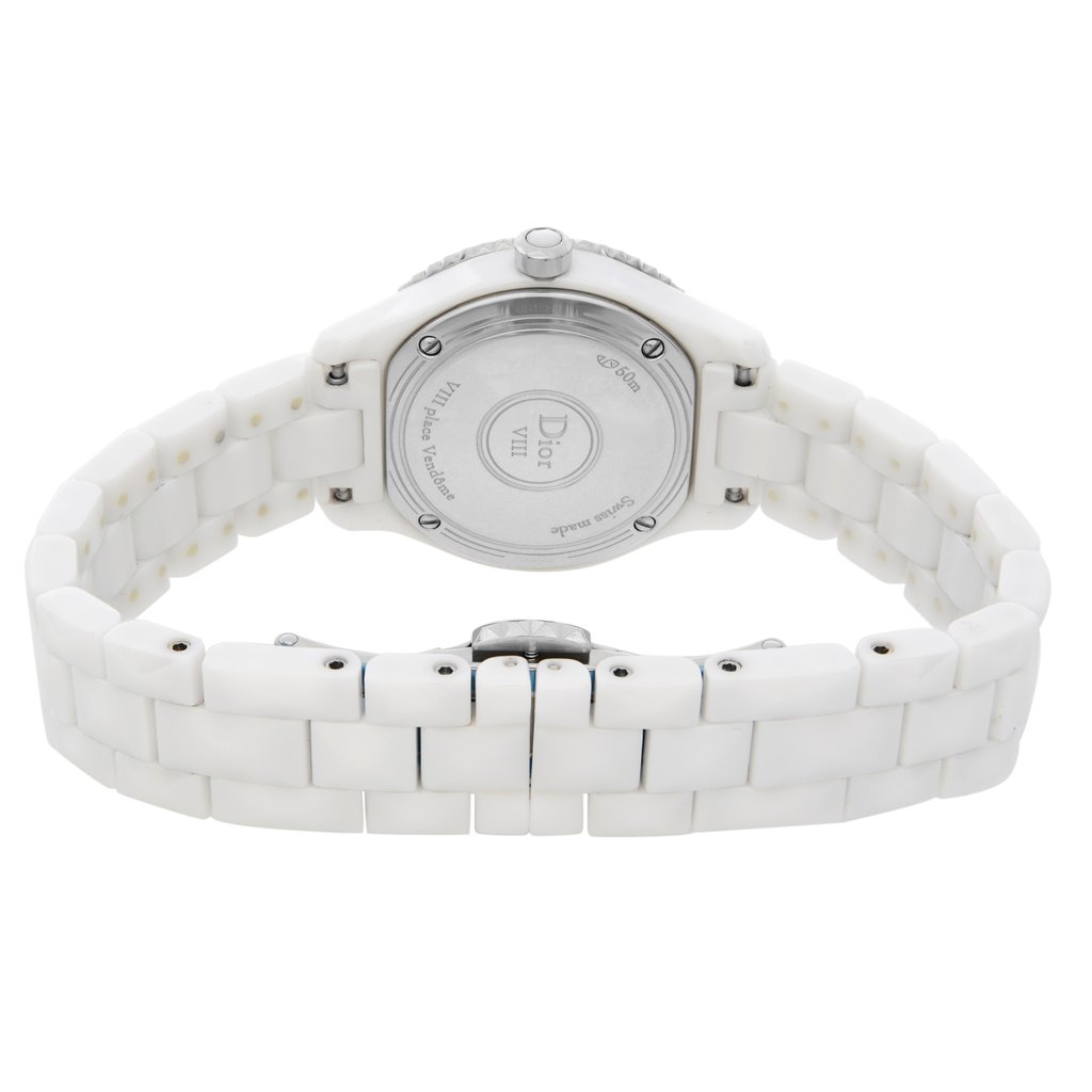 Back View Of Screwback Back Case And Closed Ceramic Band Of Dior CD1221E4C001 Watch Pre Owned Condition