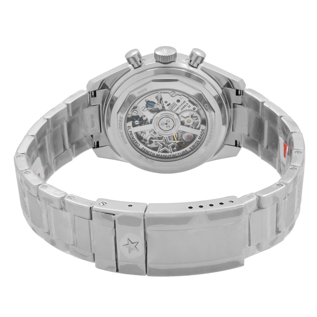 Back View Of Exhibition Back Case And Closed Stainless Steel Band Of Zenith 03.3200.3600/69.M3200 Watch Unworn Condition