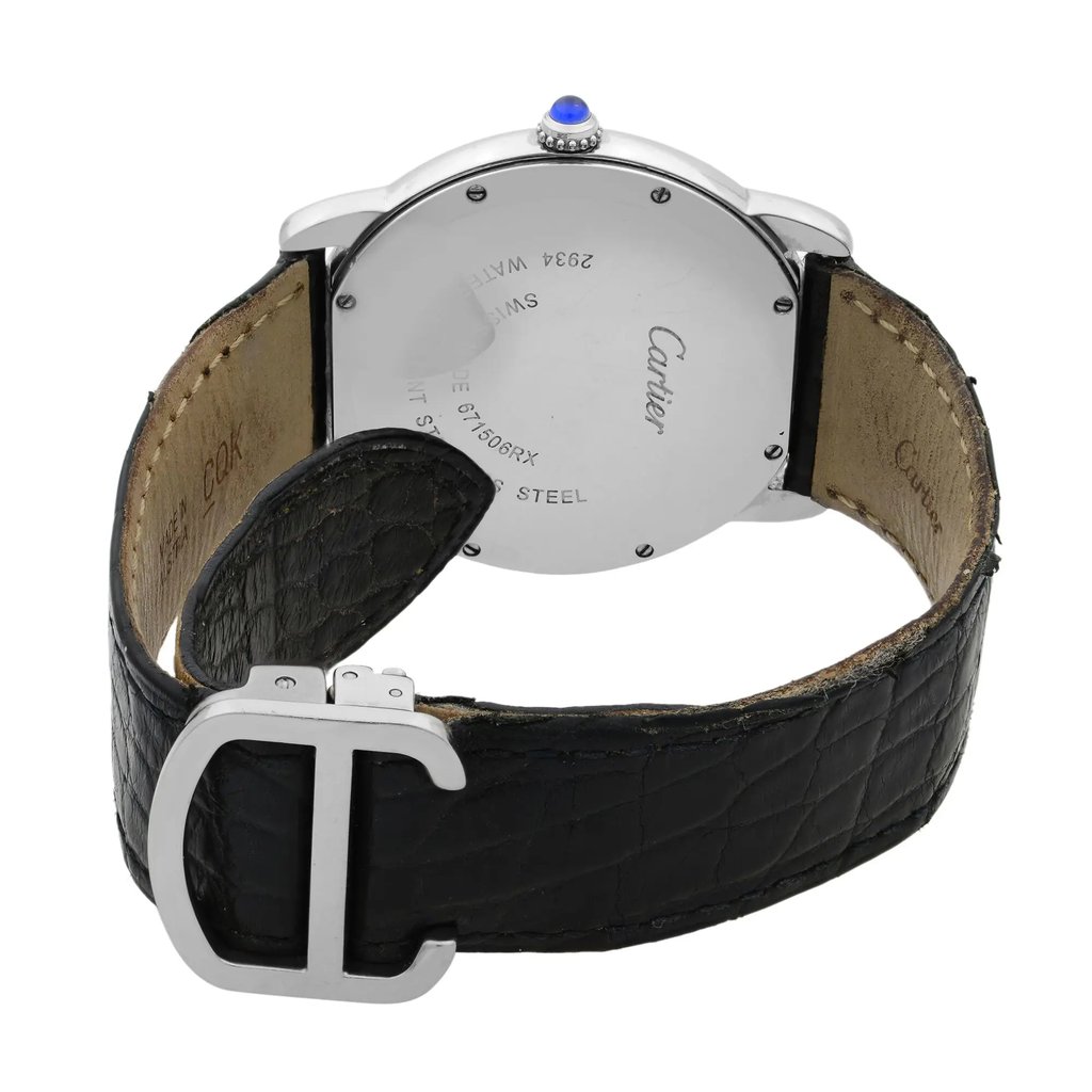 Back View Of Screwback Back Case And Closed Leather Band Of Cartier W6700255 Watch Pre Owned Condition