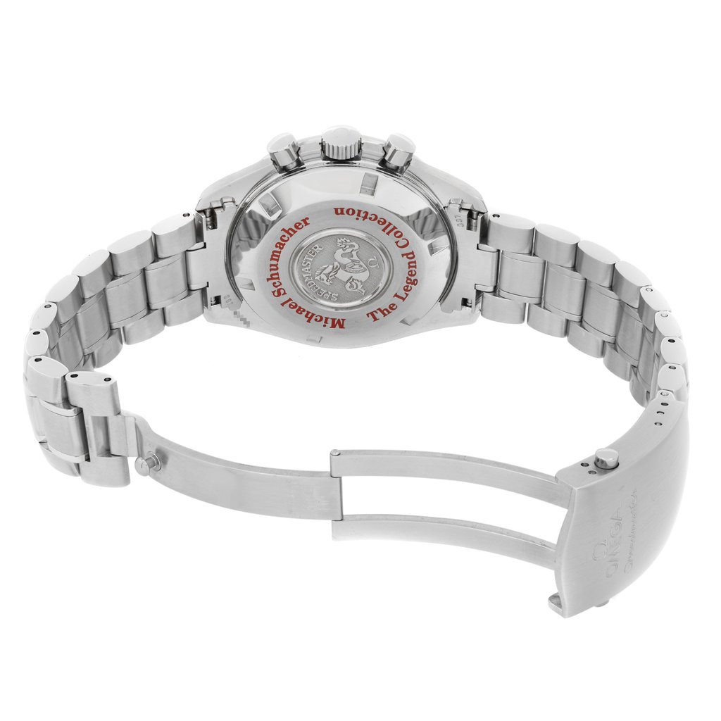 Back View Of Solid Back Case And Open Stainless Steel Band Of OMEGA 3506.31.00 Watch Pre Owned Condition