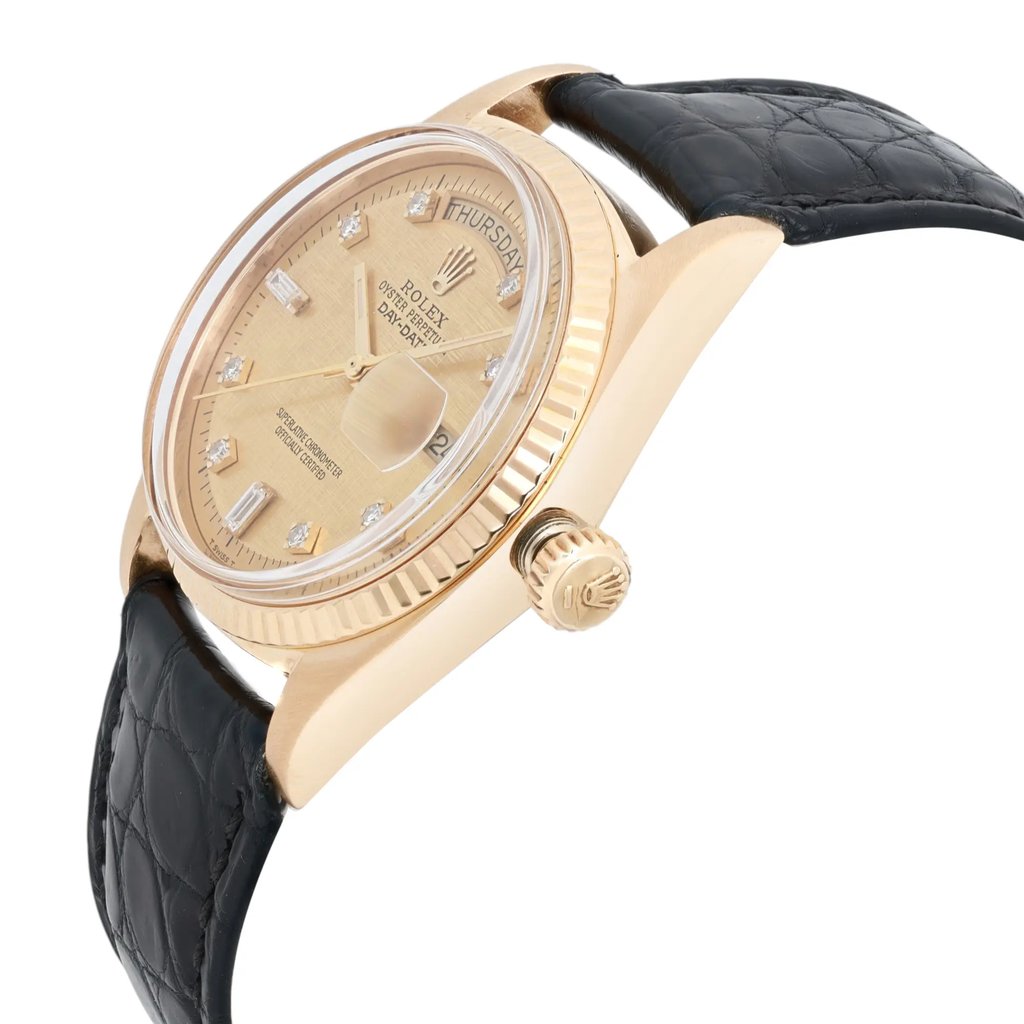 View Of Crown Facing Side Of Rolex 1803 Yellow Gold Watch Pre Owned Condition