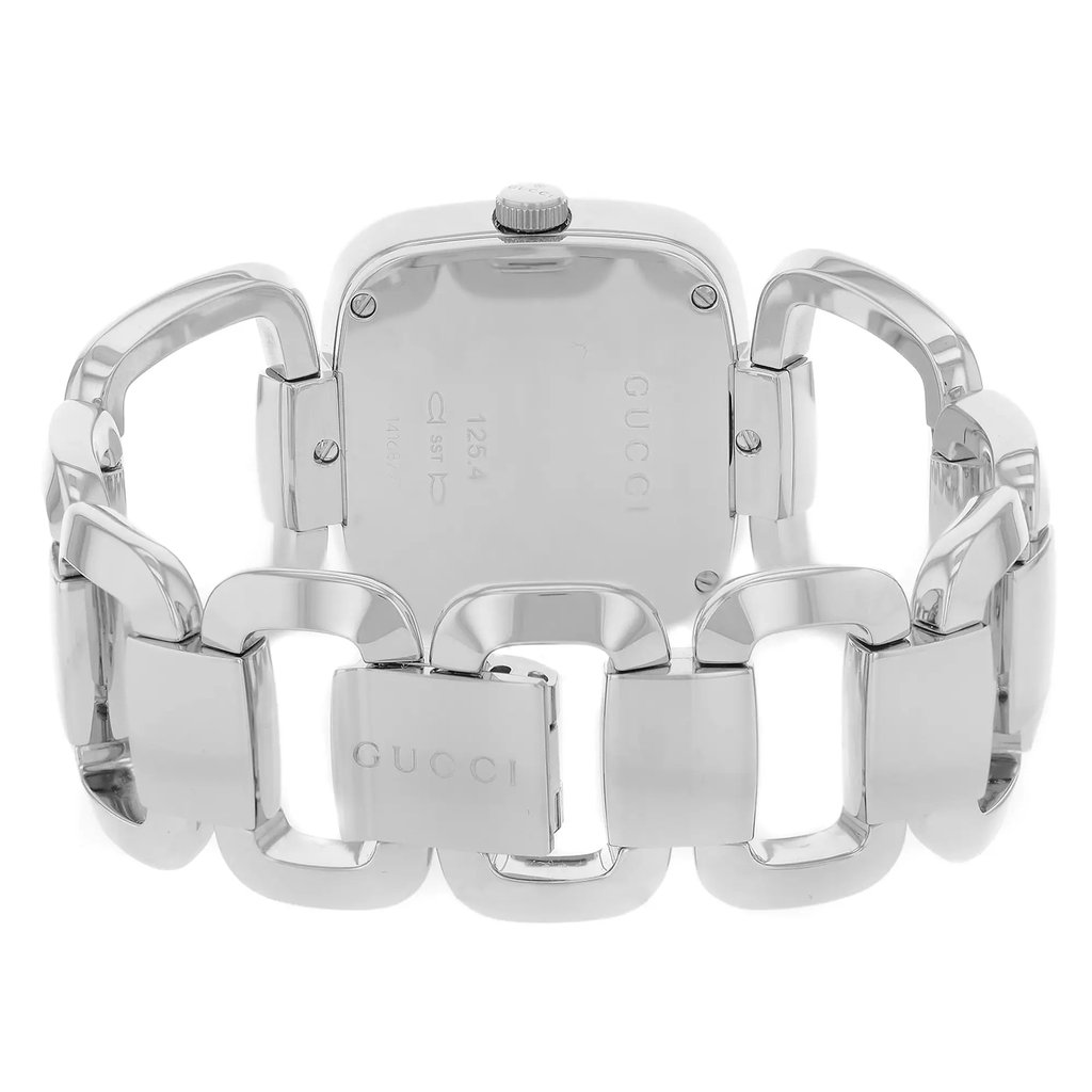 Back View Of Screwback Back Case And Closed Stainless Steel Band Of Gucci YA125407 Watch Pre Owned Condition
