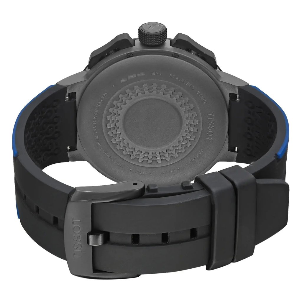 An image of a Wristwatch by Tissot. This Pre Owned item is designed for Men, featuring a Sport style. It has a Quartz movement and an Analog display with a Bronze dial color. The indices include 12-Hour Dial,Stick Indexes. The band is made of Rubber and the case is made of Stainless Steel. The watch has a Round shape with a case size of 44.5 mm and a case thickness of 12 mm.