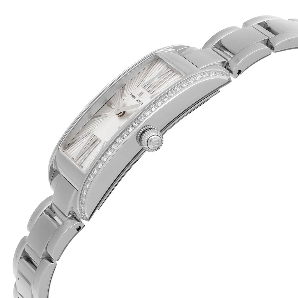 An image of a Wristwatch by Maurice Lacroix. This Unworn item is designed for Women, featuring a Casual style. It has a Quartz movement and an Analog display with a Silver dial color. The indices include 12-Hour Dial,Roman Numerals,Stick Indexes. The band is made of Stainless Steel and the case is made of Stainless Steel. The watch has a Rectangle shape with a case size of 21 mm and a case thickness of 7 mm.