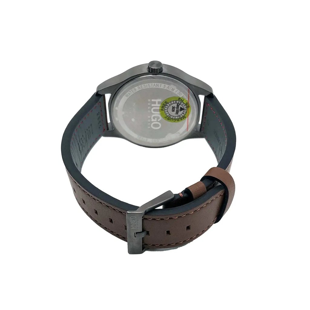 Back View Of Snap Back Case And Closed Leather Band Of HUGO BOSS 1530017 Watch Display Model Condition