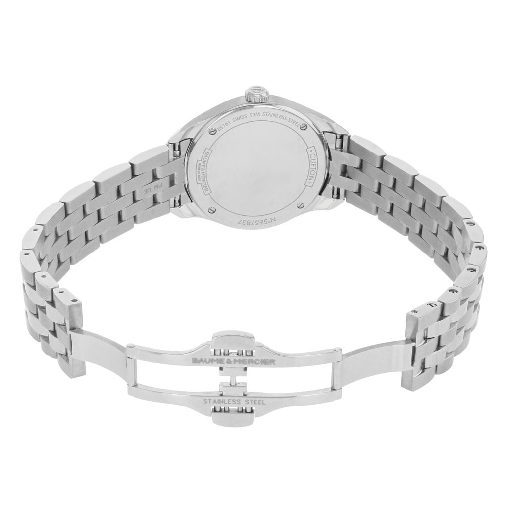 An image of a wristwatch showing the back view with an open clasp. The watch is positioned at a slight angle, highlighting the stainless steel bracelet and the engraved details on the back of the watch case. The image is taken from a close distance, showcasing the display model's intricate design and craftsmanship.