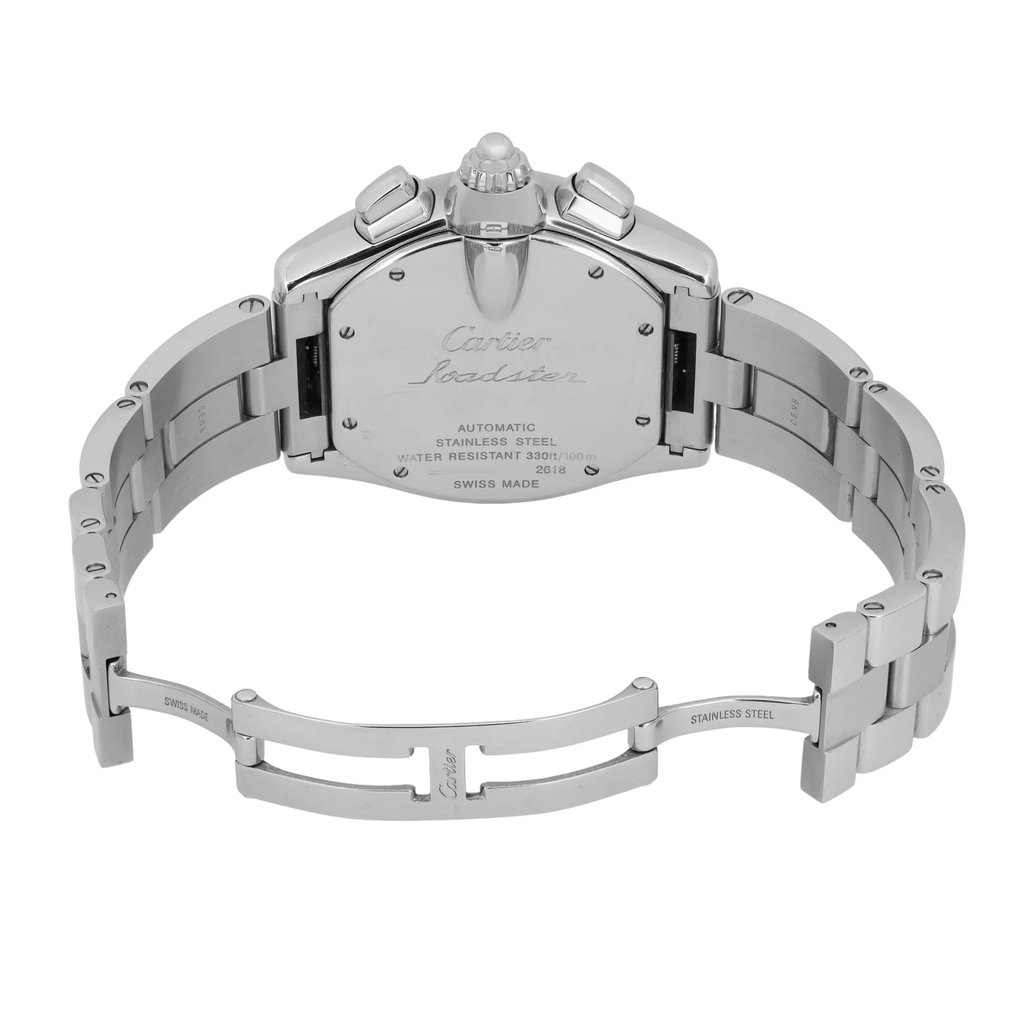 Back View Of Screwback Back Case And Open Stainless Steel Band Of Cartier W62007X6 Watch Pre Owned Condition