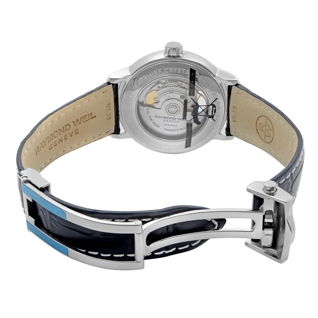 Back View Of Exhibition Back Case And Open Leather Band Of RAYMOND WEIL 2227-STC-00508 Watch Unworn Condition