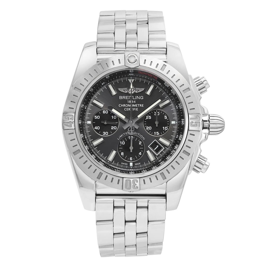 An image of a pre-owned luxury men's Breitling wristwatch with a front full frontal view. The watch features a round stainless steel case and band with a steel bezel. The sunburst gray dial includes three sub-dials, 12-hour dial with non-numeric hour marks, and stick indexes. The watch is positioned centrally, with the camera angle directly in front of the watch, capturing the entire watch face and a portion of the stainless steel band, both appearing in sharp focus. The distance is close enough to show detail, yet far enough to include the entire watch in the frame. The watch is pre-owned and may have minor scratches and signs of wear.