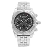 An image of a pre-owned luxury men's Breitling wristwatch with a front full frontal view. The watch features a round stainless steel case and band with a steel bezel. The sunburst gray dial includes three sub-dials, 12-hour dial with non-numeric hour marks, and stick indexes. The watch is positioned centrally, with the camera angle directly in front of the watch, capturing the entire watch face and a portion of the stainless steel band, both appearing in sharp focus. The distance is close enough to show detail, yet far enough to include the entire watch in the frame. The watch is pre-owned and may have minor scratches and signs of wear.