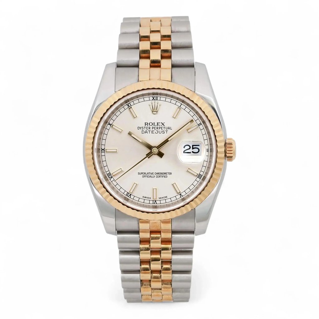An image of a pre-owned men's Rolex Datejust 36mm Steel 18K Yellow Gold Silver Dial Watch 116233, positioned upright and photographed from a front-facing angle at a close distance. The watch features a stainless steel and gold two-tone bracelet and a dial with luminous hands and a date indicator set to the 25th. The bezel is gold with a fluted design, and the dial is marked with Roman numerals.