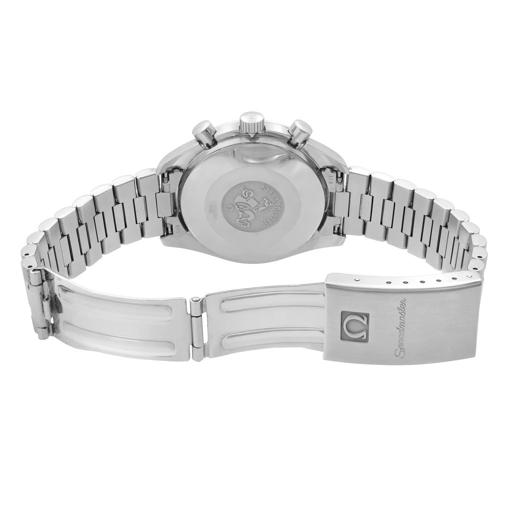 Back View Of Solid Back Case And Open Stainless Steel Band Of OMEGA 3510.50.00 Watch Pre Owned Condition