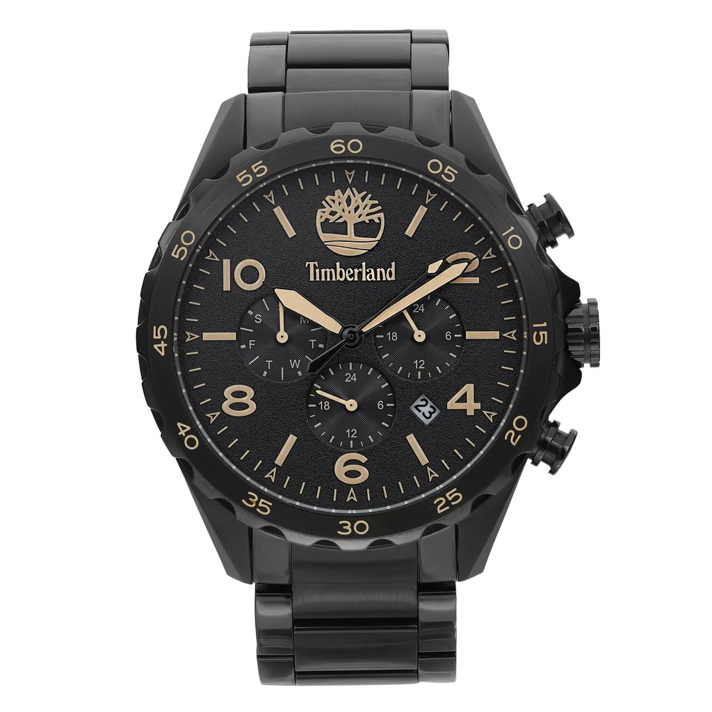 An image of a Wristwatch by Timberland. This Pre Owned item is designed for Men, featuring a Sport style. It has a Quartz movement and an Analog display with a Black dial color. The indices include 12-Hour Dial,Arabic Numerals. The band is made of Stainless Steel and the case is made of Stainless Steel. The watch has a Round shape with a case size of 45 mm and a case thickness of 12 mm.