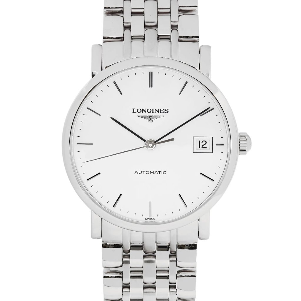 An image of a wristwatch, shown in a front close-up shot focusing on the watch face. The watch has a round, white dial with minimalist hour markers and slim black hands. The brand name is displayed beneath the 12 o'clock position, with the word "Automatic" near the 6 o'clock position. A date window is located at the 3 o'clock position. The watch features a polished, metallic bracelet, and the overall condition is that of a display model.