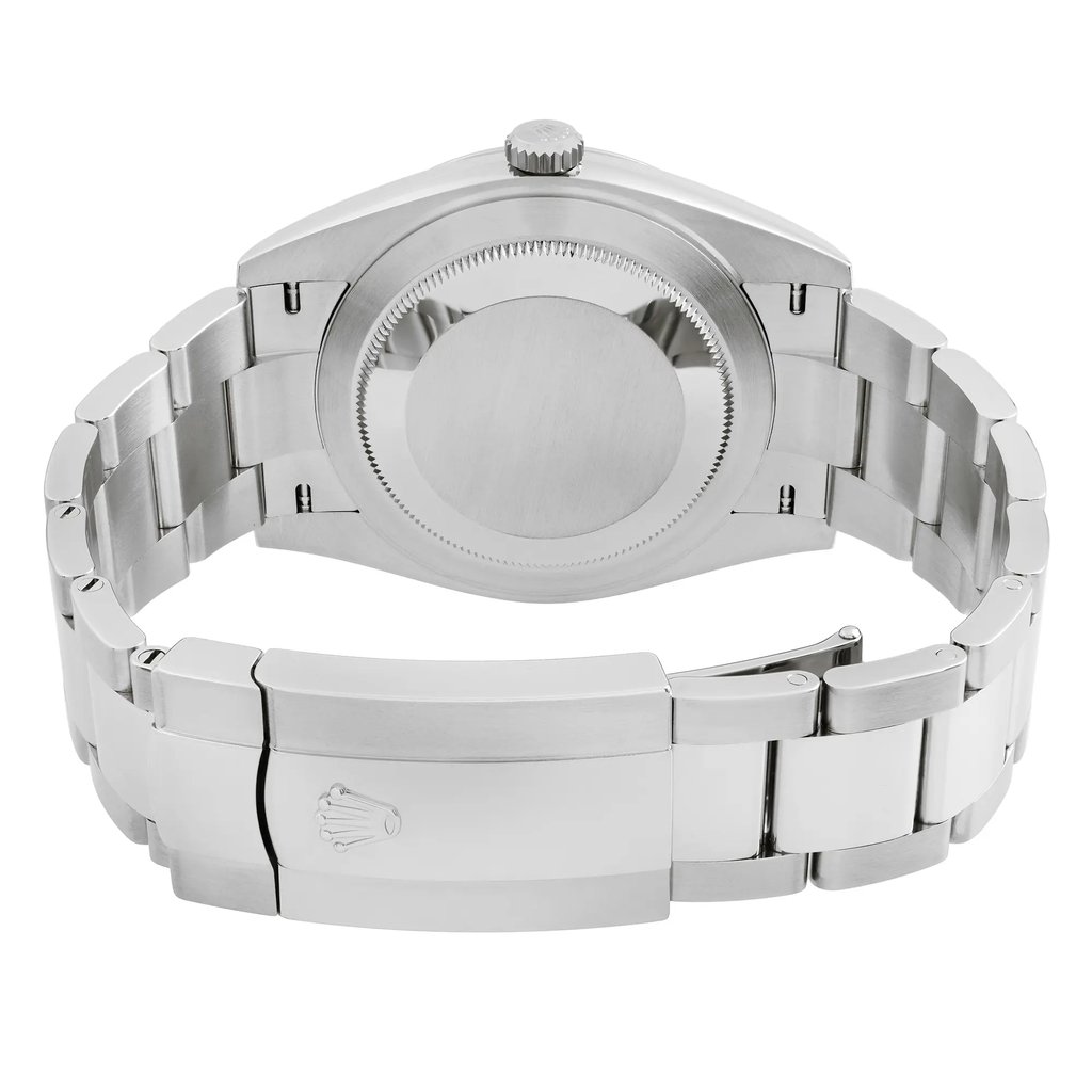 An image of a wristwatch shown from the back view, highlighting the closed clasp. The watch is unworn and features a polished metal band. The photograph is taken from a close angle, focusing on the clasp and the back of the watch case, detailing its sleek and reflective surface.