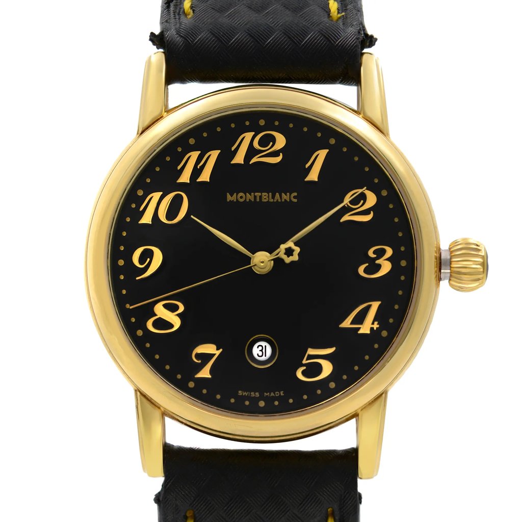 An image of a pre-owned Montblanc women's wristwatch, presented in a front close-up view emphasizing the watch face. The round dial is black with gold-tone Arabic numeral indices and hands, and features a date indicator at the 6 o'clock position. The case appears to be stainless steel with a gold tone coating, and there are visible micro scratches on the gold-tone parts. The leather band is black with a textured pattern and shows minor signs of wear, including slight rips on the edges. The watch is styled for dress/formal occasions and is classified as in good condition.