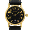 An image of a pre-owned Montblanc women's wristwatch, presented in a front close-up view emphasizing the watch face. The round dial is black with gold-tone Arabic numeral indices and hands, and features a date indicator at the 6 o'clock position. The case appears to be stainless steel with a gold tone coating, and there are visible micro scratches on the gold-tone parts. The leather band is black with a textured pattern and shows minor signs of wear, including slight rips on the edges. The watch is styled for dress/formal occasions and is classified as in good condition.