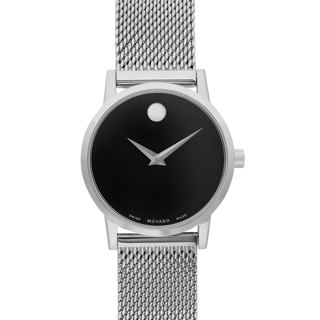 An image of a Wristwatch by Movado. This Display Model item is designed for Women, featuring a Casual style. It has a Quartz movement and an Analog display with a Black dial color. The indices include 12-Hour Dial,Non-Numeric Hour Marks. The band is made of Stainless Steel and the case is made of Stainless Steel. The watch has a Round shape with a case size of 28 mm and a case thickness of 7 mm.