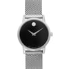 An image of a Wristwatch by Movado. This Display Model item is designed for Women, featuring a Casual style. It has a Quartz movement and an Analog display with a Black dial color. The indices include 12-Hour Dial,Non-Numeric Hour Marks. The band is made of Stainless Steel and the case is made of Stainless Steel. The watch has a Round shape with a case size of 28 mm and a case thickness of 7 mm.