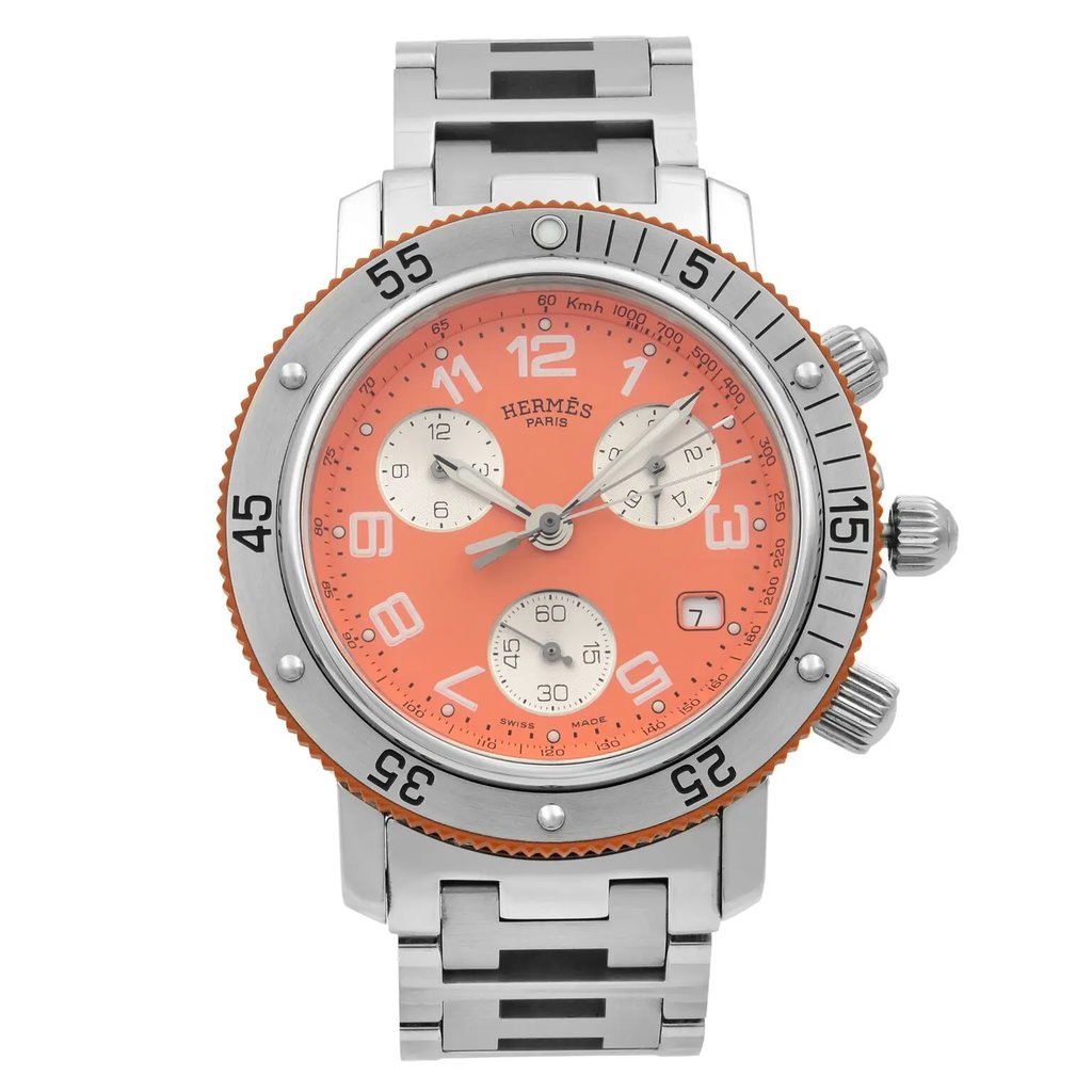 Front Full View Of Hermes CL2.916 Stainless Steel Watch Pre Owned Condition {Product Condition}