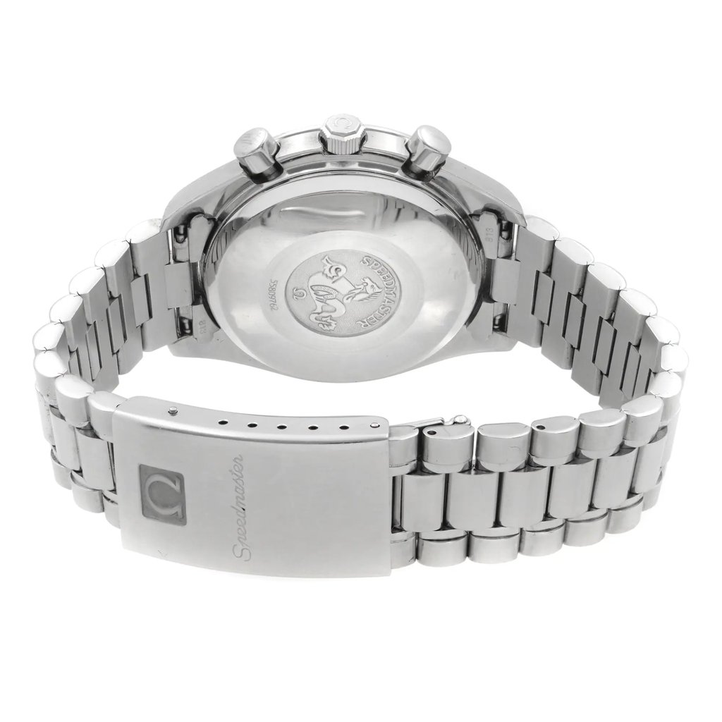 Back View Of Solid Back Case And Closed Stainless Steel Band Of OMEGA 3521.80. Watch Pre Owned Condition
