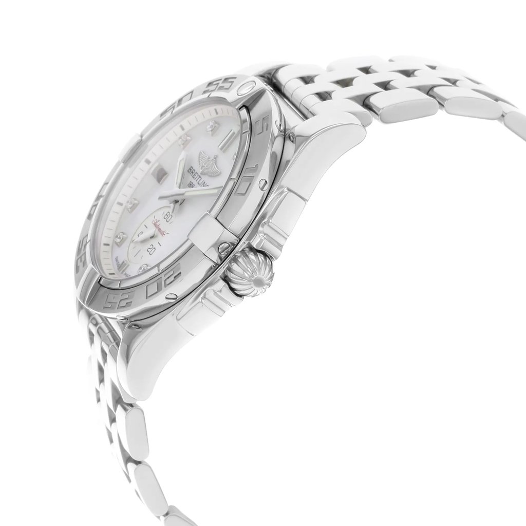 View Of Crown Facing Side Of Breitling A3733011/A717-SS Stainless Steel Watch Display Model Condition