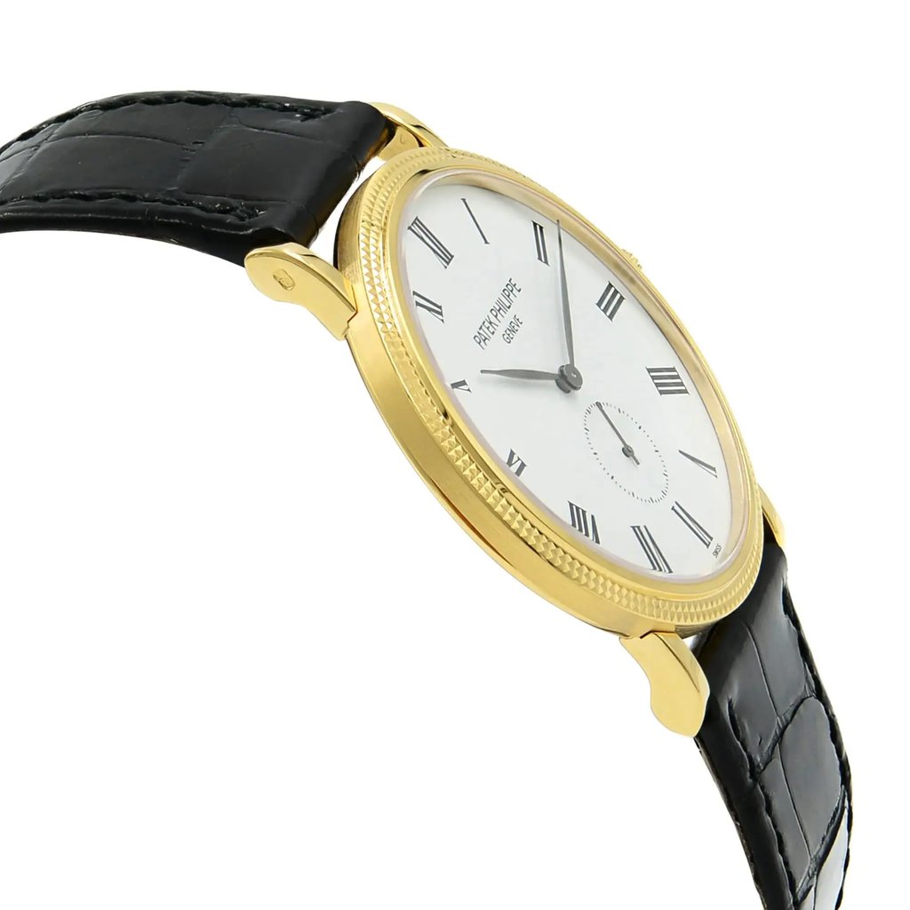 An image of a pre-owned wristwatch shown from a side profile view, opposite the crown, at a slight angle. The watch features a gold case and a white dial with black Roman numerals. The black leather strap is visible on both sides of the case, displaying a textured pattern. The photograph captures the watch at a close distance, highlighting its elegant design and details.