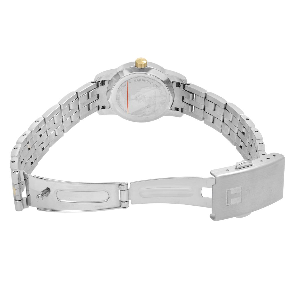 Back View Of Snap Back Case And Open Stainless Steel Band Of Tissot T033.210.22.111.00 Watch Pre Owned Condition