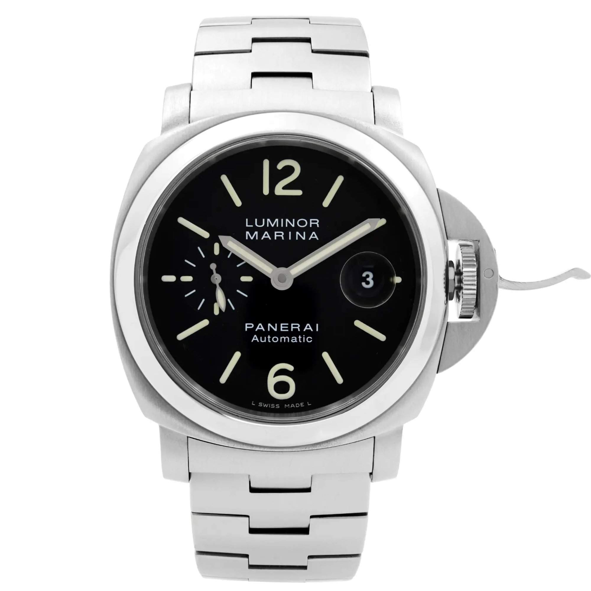 An image of a pre-owned Officine Panerai Luminor Marina men's wristwatch in excellent condition. The watch is presented in a front full frontal view, centered and occupying most of the frame. It features a cushion-shaped stainless steel case and band, with a black dial that includes Arabic numerals, non-numeric hour marks, and luminous hands. A small seconds subdial and a date indicator are visible. The watch is styled as a luxury dress/formal timepiece.