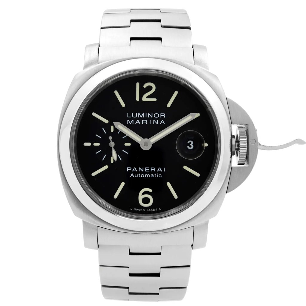 An image of a pre-owned Officine Panerai Luminor Marina men's wristwatch in excellent condition. The watch is presented in a front full frontal view, centered and occupying most of the frame. It features a cushion-shaped stainless steel case and band, with a black dial that includes Arabic numerals, non-numeric hour marks, and luminous hands. A small seconds subdial and a date indicator are visible. The watch is styled as a luxury dress/formal timepiece.