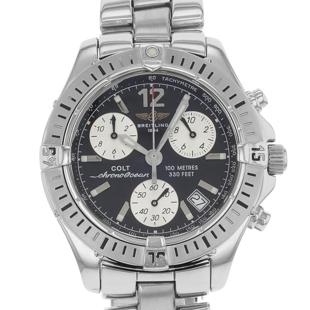 Up Close Front Facing Picture Of Breitling Colt Ocean Stainless Steel Watch Pre Owned Condition