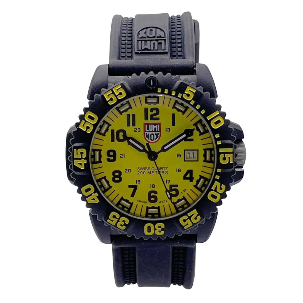 An image of a Wristwatch by Luminox. This Display Model item is designed for Men, featuring a Casual,Classic,Diver,Dress/Formal,Military,Sport style. It has a Quartz movement and an Analog display with a Yellow dial color. The indices include 12-Hour Dial,Arabic Numerals,Easy to Read/Large Numerals. The band is made of Rubber and the case is made of Carbon. The watch has a Round shape with a case size of 44 mm and a case thickness of 14 mm.