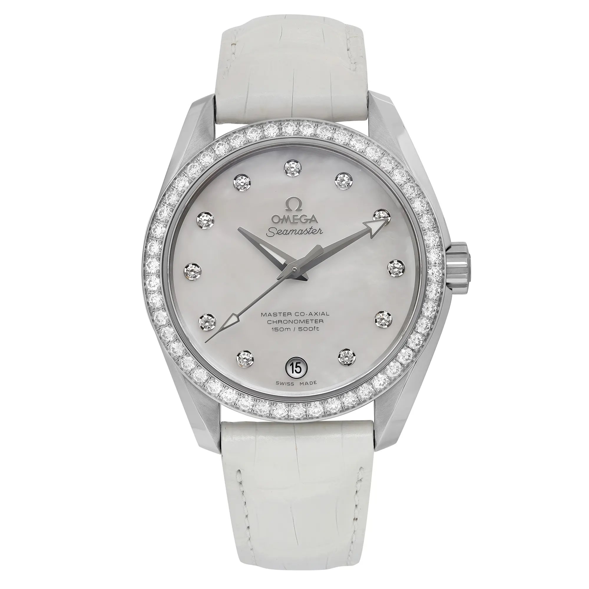 An image of a women's OMEGA Seamaster Aqua Terra wristwatch displayed upright and centered. The watch is positioned at a straight-on angle, showcasing its elegant design. It features a white leather strap and a shiny steel factory bezel adorned with diamonds. The factory dial is mother-of-pearl with diamond hour markers, and it includes a date indicator at the 6 o'clock position. The luminous hands are clearly visible, emphasizing the watch's sophisticated appearance.