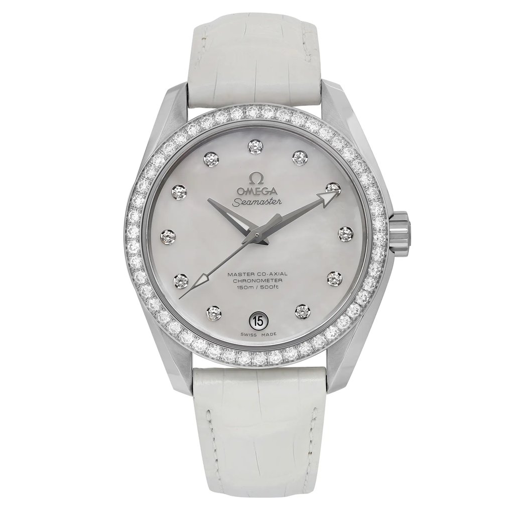 An image of a women's OMEGA Seamaster Aqua Terra wristwatch displayed upright and centered. The watch is positioned at a straight-on angle, showcasing its elegant design. It features a white leather strap and a shiny steel factory bezel adorned with diamonds. The factory dial is mother-of-pearl with diamond hour markers, and it includes a date indicator at the 6 o'clock position. The luminous hands are clearly visible, emphasizing the watch's sophisticated appearance.