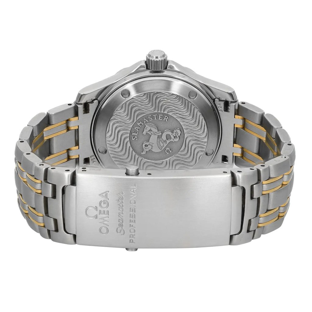 An image of a Wristwatch by OMEGA. This Pre Owned item is designed for Men, featuring a Casual style. It has a Mechanical (Automatic) movement and an Analog display with a Black dial color. The indices include 12-Hour Dial,Stick Indexes. The band is made of Stainless Steel,Yellow Gold and the case is made of Stainless Steel,Yellow Gold. The watch has a Round shape with a case size of 36 mm and a case thickness of 11.5 mm.