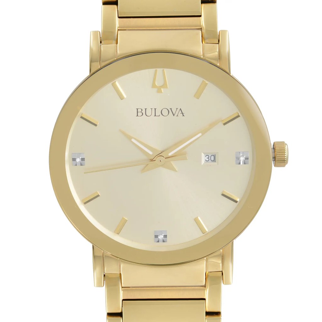 An image of a pre-owned men's Bulova wristwatch in good condition, featuring a close-up frontal view of the round watch face at a direct angle. The dial displays a champagne sunburst pattern with gold-tone non-numeric hour marks and luminous hands. A date indicator is positioned at the 3 o'clock mark. The case and band are made of stainless steel with a gold-tone finish, and the bezel color matches the band. The watch is designed in a dress/formal style.