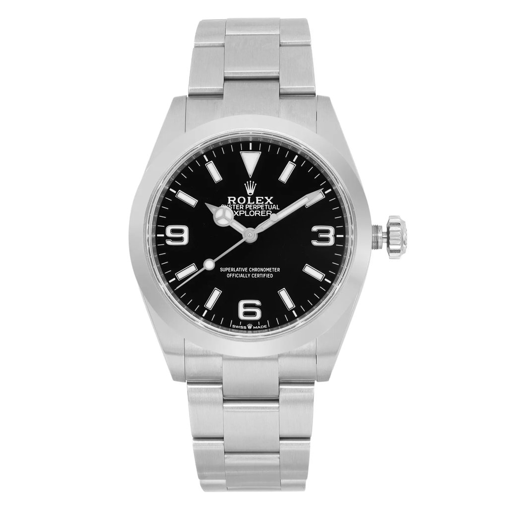 An image of a men's luxury Rolex wristwatch taken from a front full frontal view. The watch is in excellent condition, new without tags. It features a round black dial with luminous hands and a gray bezel. The band and case are made of stainless steel. The watch exhibits a classic and sophisticated style.
