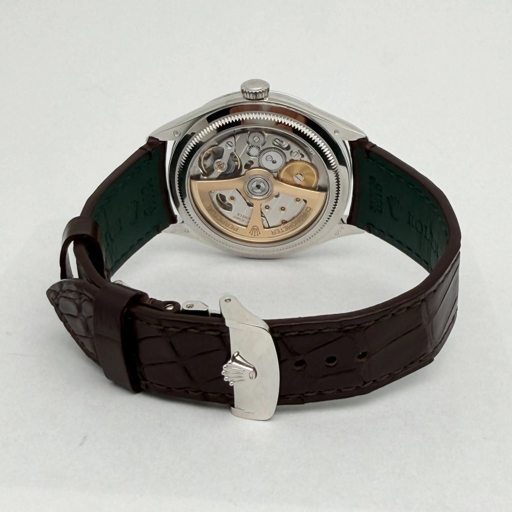 Back View Of Exhibition Back Case And Closed Leather Band Of Rolex 52506 Watch Unworn Condition