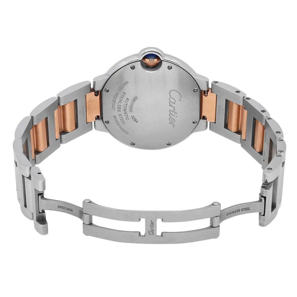 Back View Of Screwback Back Case And Open Stainless and Solid Gold Band Of Cartier W6920033 Watch Pre Owned Condition