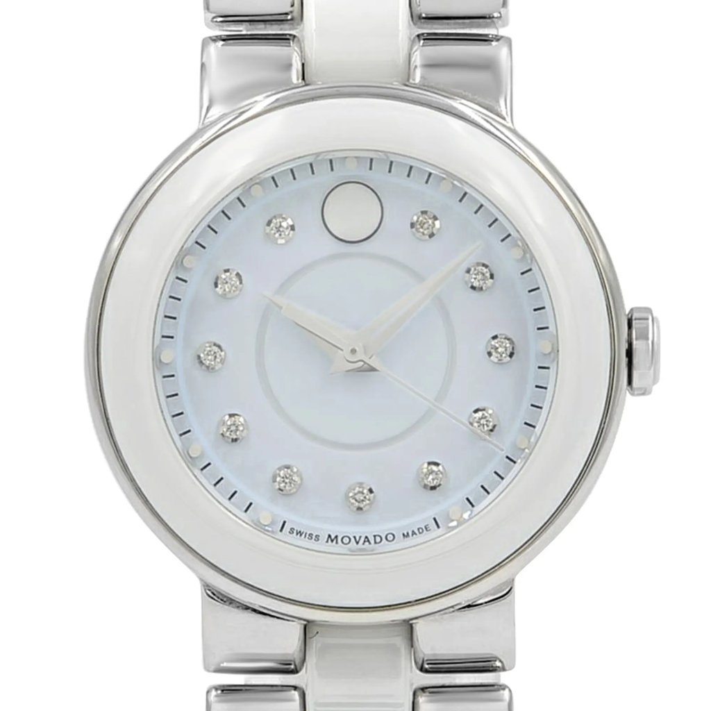 Up Close Front Facing Picture Of Movado 606930 Stainless Steel Watch Display Model Condition