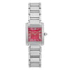 An image of a pre-owned women's Cartier Tank Francaise Steel Raspberry Dial Quartz Ladies Watch W51030Q3, positioned vertically and centered. The watch features a stainless steel bracelet and a square casing. The dial is pink with Roman numerals and a small crown on the right side. The angle is direct and front-facing, taken from a medium distance.