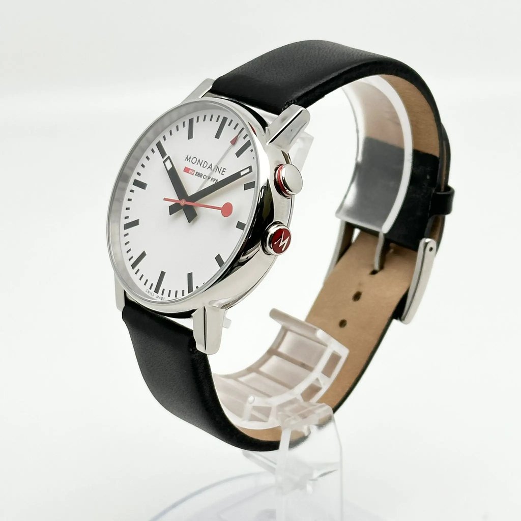 View Of Crown Facing Side Of Mondaine A468.30352.11SBB Stainless Steel Watch Display Model Condition