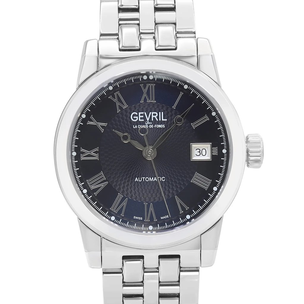 Up Close Front Facing Picture Of Gevril 2578 Stainless Steel Watch Display Model Condition