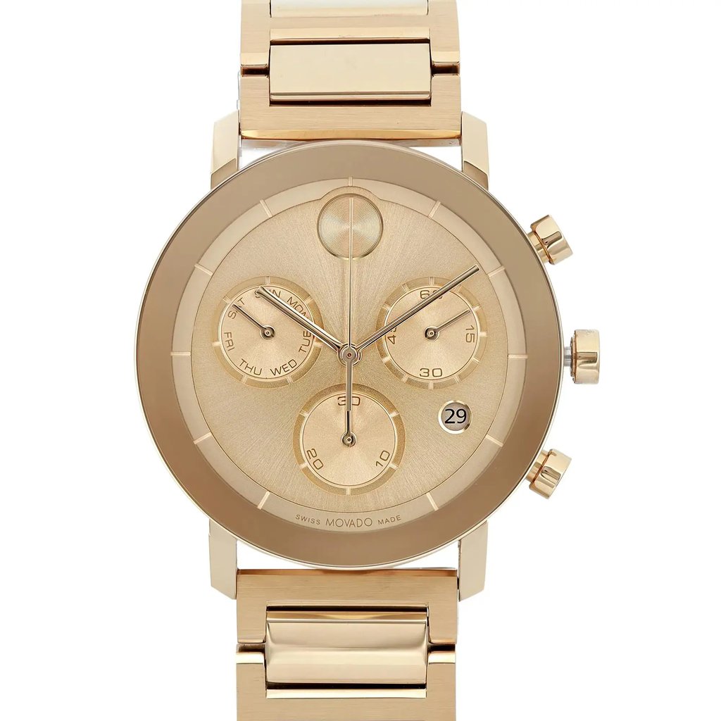 An image of a pre-owned wristwatch taken from a front close-up angle, showcasing the watch face in detail. The watch features a gold-tone design with three subdials and a date display. The crown and pushers are visible on the right side of the watch case, and the metal bracelet is partially visible at the top and bottom of the image.