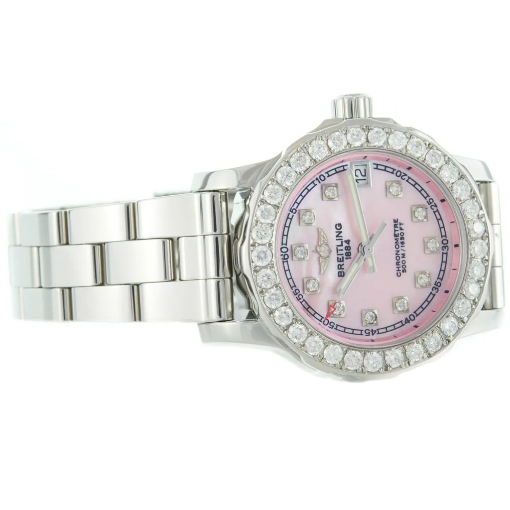 Front Full View Of Breitling A77387 Stainless Steel Watch Pre Owned Condition {Product Condition}